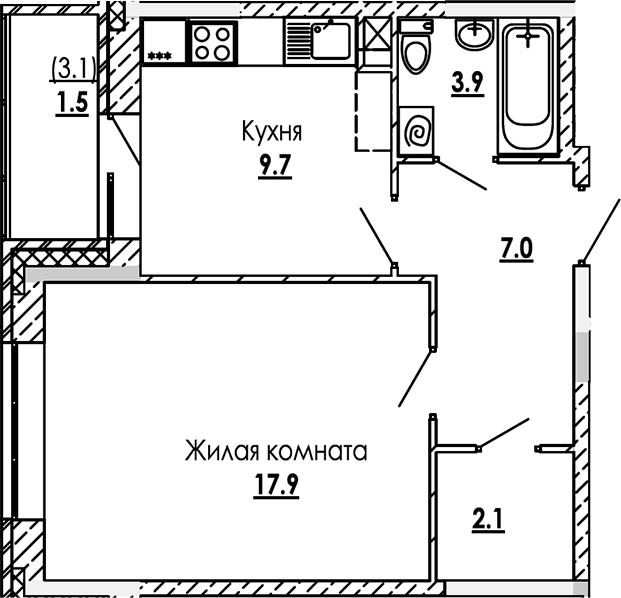Планировка — Малиново, 1-комн., 41 м²