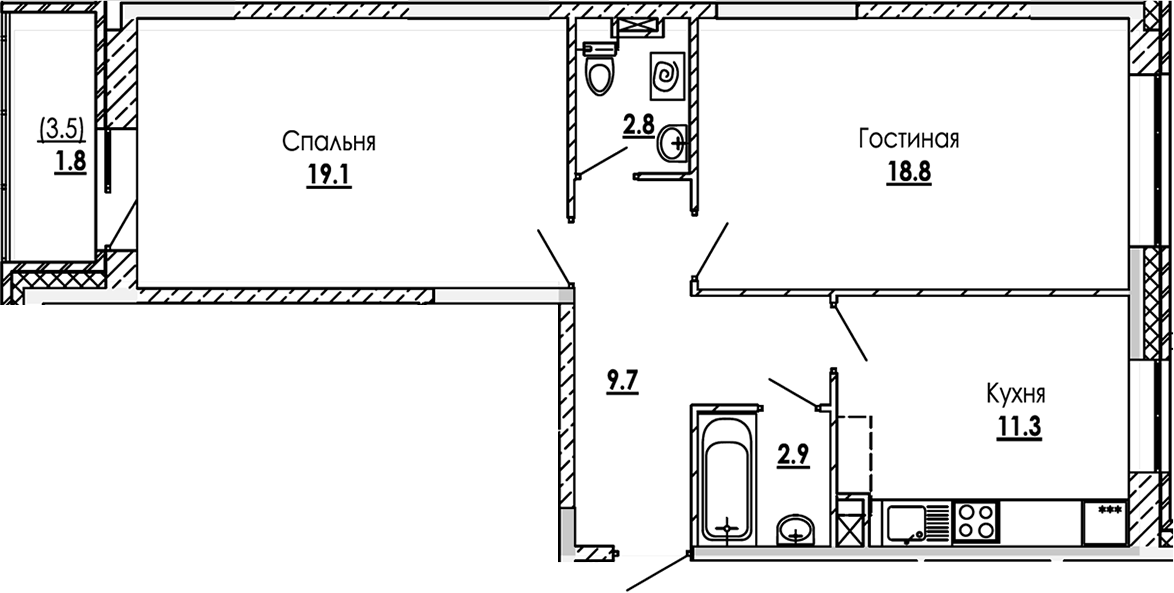 Планировка — Малиново, 2-комн., 65 м²