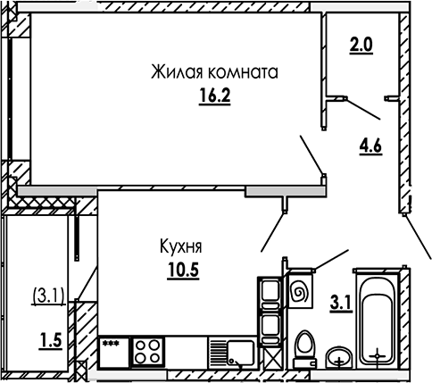 Планировка — Малиново, 1-комн., 36 м²