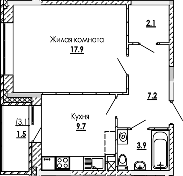 Планировка — Малиново, 1-комн., 41 м²