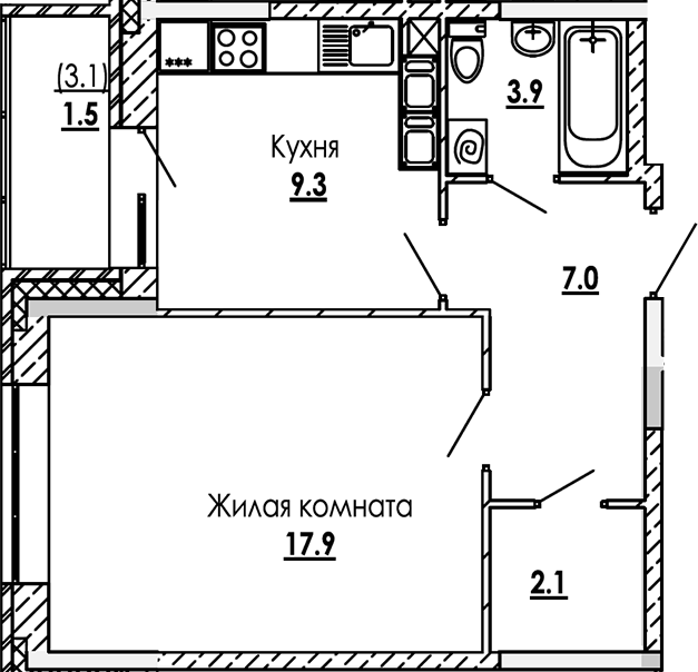 Планировка — Малиново, 1-комн., 40 м²