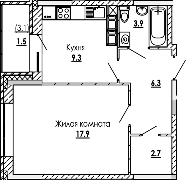 Планировка — Малиново, 1-комн., 40 м²