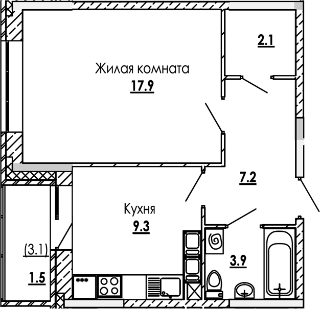 Планировка — Малиново, 1-комн., 40 м²