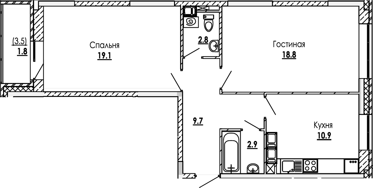 Планировка — Малиново, 2-комн., 64 м²