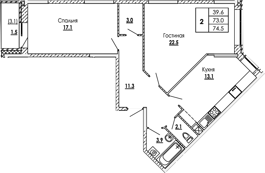 Планировка — Малиново, 2-комн., 73 м²
