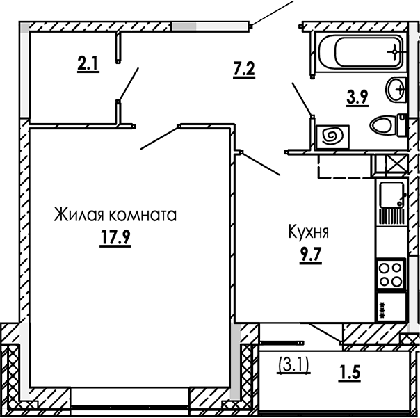 Планировка — Малиново, 1-комн., 41 м²