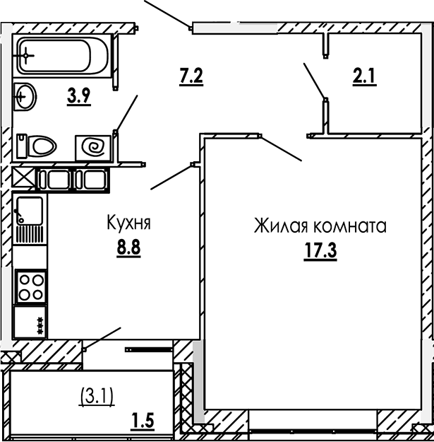 Планировка — Малиново, 1-комн., 39 м²