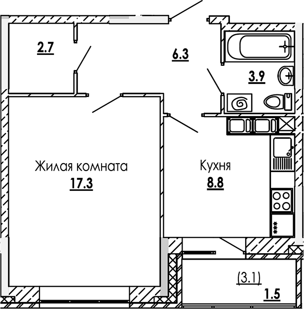 Планировка — Малиново, 1-комн., 39 м²