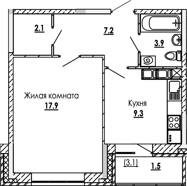 Планировка — Малиново, 1-комн., 40 м²