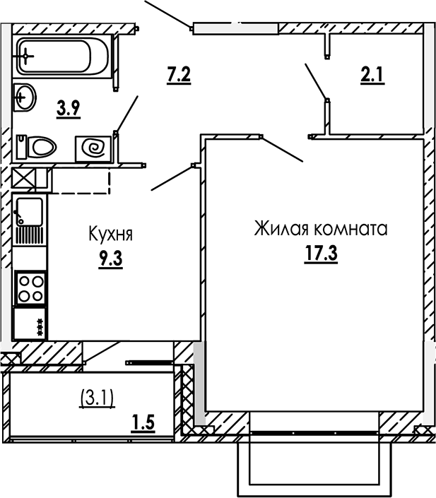 Планировка — Малиново, 1-комн., 40 м²