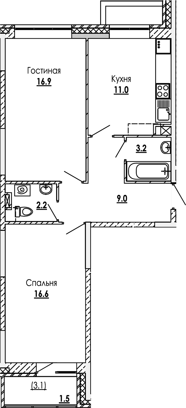 Планировка — Малиново, 2-комн., 59 м²