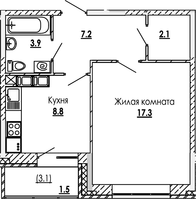 Планировка — Малиново, 1-комн., 39 м²