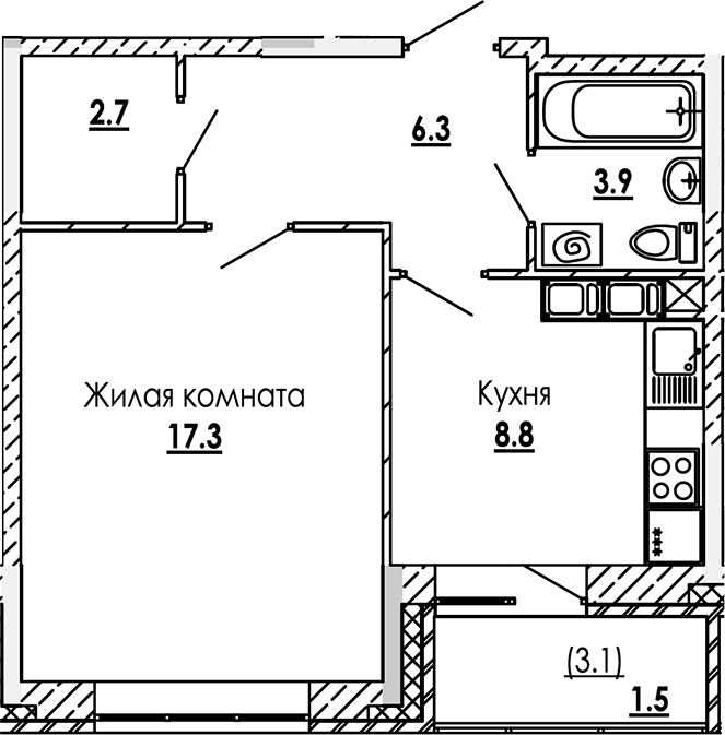 Планировка — Малиново, 1-комн., 39 м²