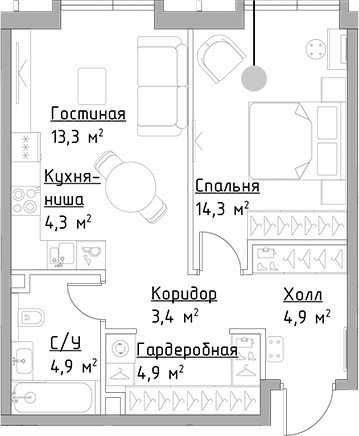 Планировка — Павелецкая Сити, 2-комн., 50 м²