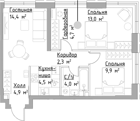 Планировка — Павелецкая Сити, 3-комн., 58 м²