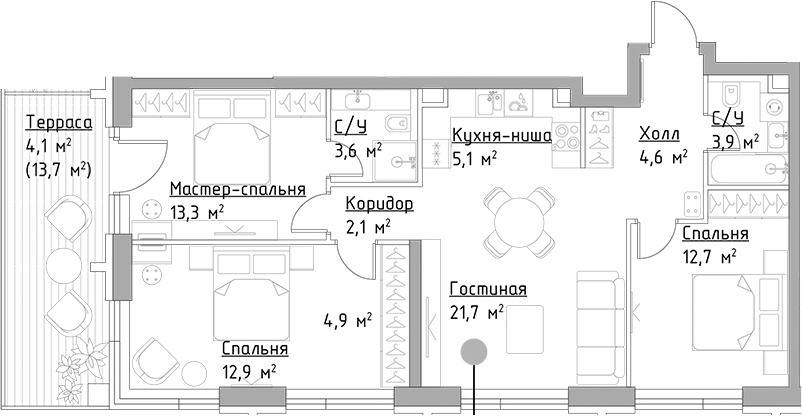 Планировка — Павелецкая Сити, 4-комн., 85 м²