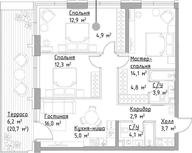Планировка — Павелецкая Сити, 4-комн., 85 м²