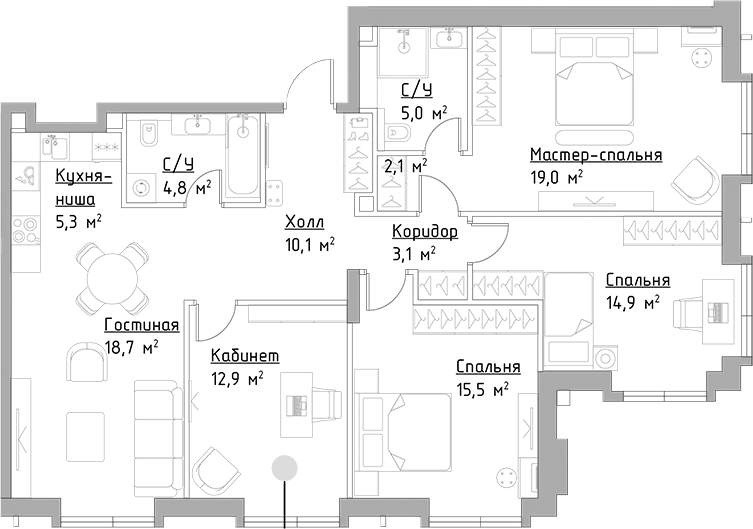 Планировка — Павелецкая Сити, 5-комн., 111 м²