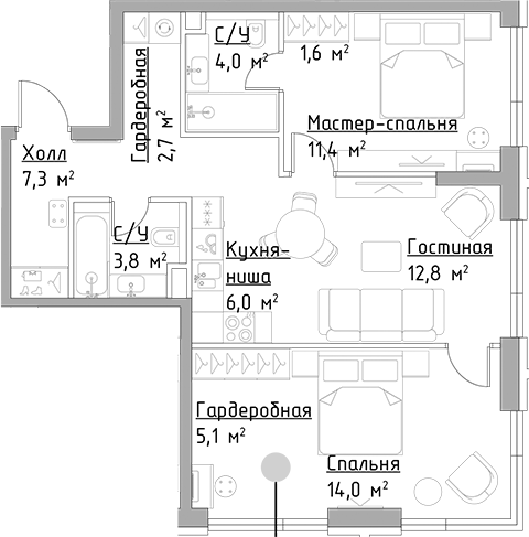 Планировка — Павелецкая Сити, 3-комн., 69 м²