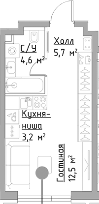 Планировка — Павелецкая Сити, Студия, 26 м²