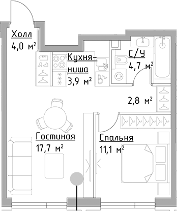 Планировка — Павелецкая Сити, 2-комн., 44 м²