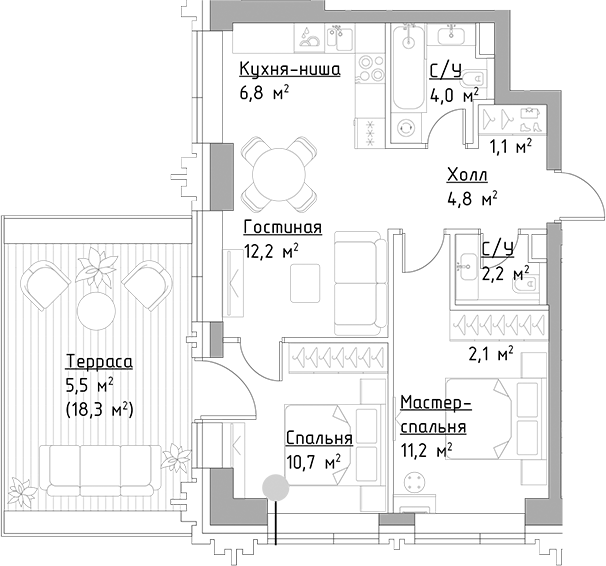Планировка — Павелецкая Сити, 3-комн., 55 м²