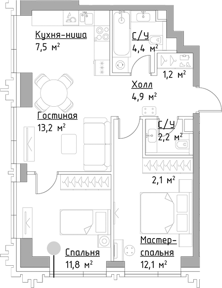 Планировка — Павелецкая Сити, 3-комн., 59 м²