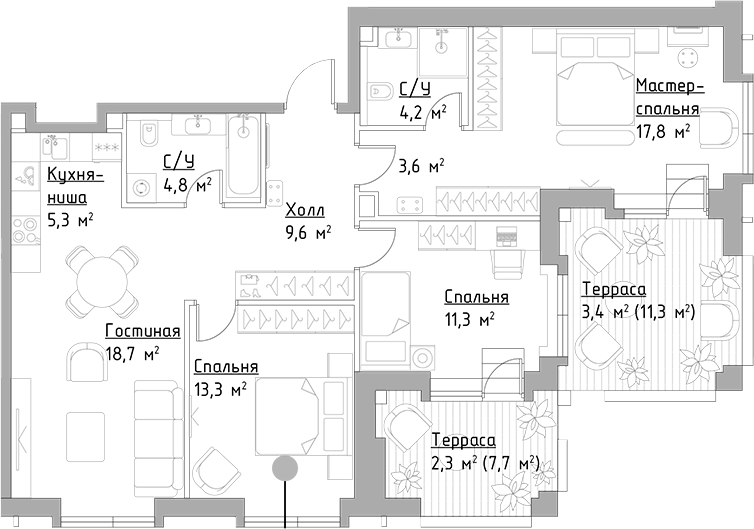 Планировка — Павелецкая Сити, 4-комн., 89 м²