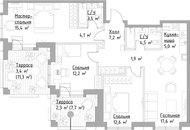 Планировка — Павелецкая Сити, 4-комн., 84 м²