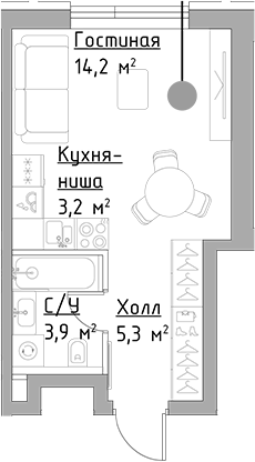 Планировка — Павелецкая Сити, Студия, 27 м²