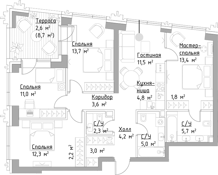Планировка — Павелецкая Сити, 5-комн., 95 м²