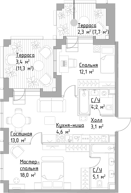 Планировка — Павелецкая Сити, 3-комн., 60 м²