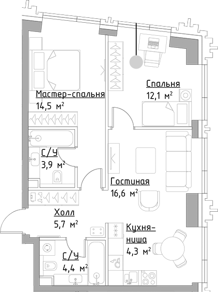 Планировка — Павелецкая Сити, 3-комн., 62 м²