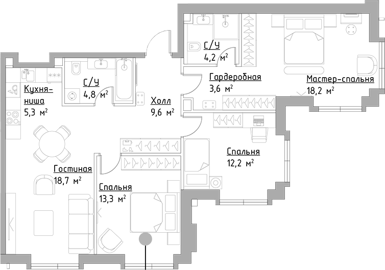 Планировка — Павелецкая Сити, 4-комн., 90 м²