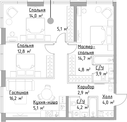 Планировка — Павелецкая Сити, 4-комн., 88 м²