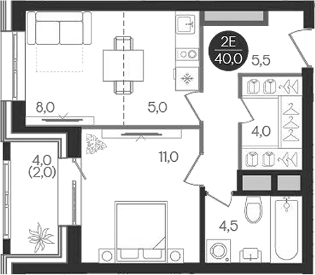 Планировка — Кантемировский, 2-комн., 38 м²