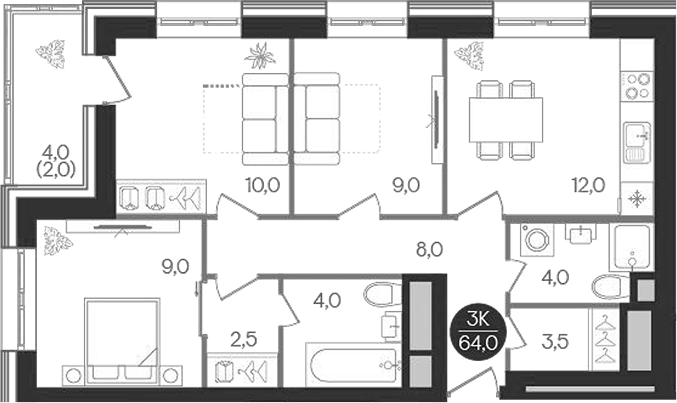 Планировка — Кантемировский, 3-комн., 62 м²