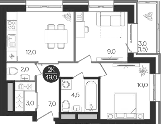 Планировка — Кантемировский, 2-комн., 48 м²