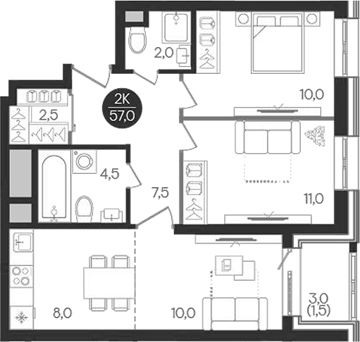 Планировка — Кантемировский, 3-комн., 56 м²