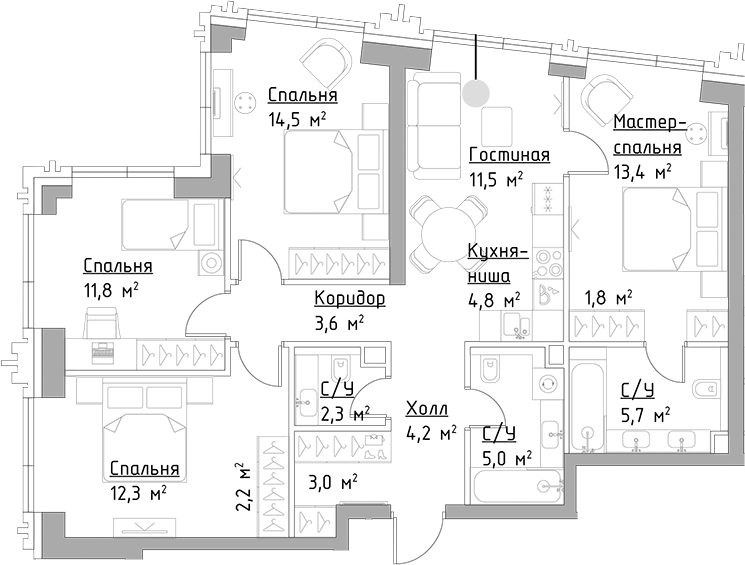 Планировка — Павелецкая Сити, 5-комн., 96 м²