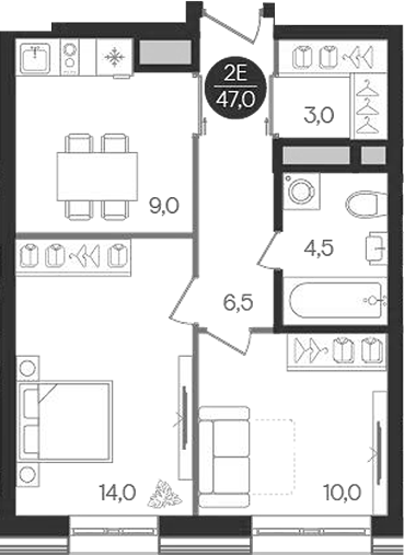 Планировка — Кантемировский, 2-комн., 47 м²