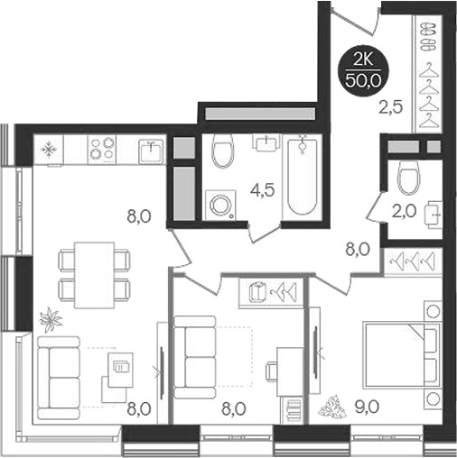 Планировка — Кантемировский, 2-комн., 50 м²
