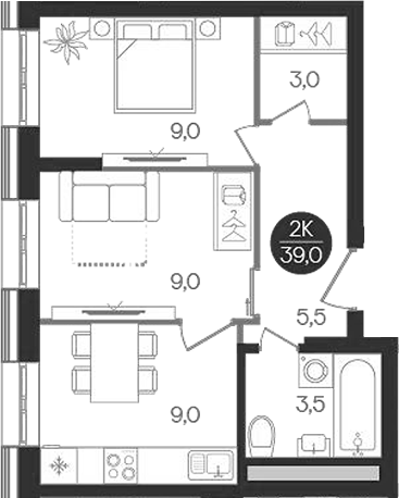 Планировка — Кантемировский, 2-комн., 39 м²
