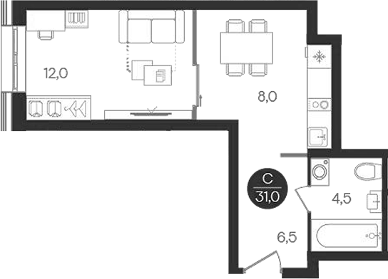 Планировка — Кантемировский, Студия, 31 м²
