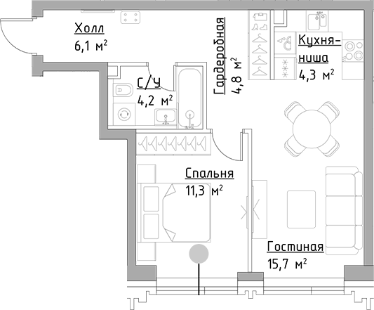 Планировка — Павелецкая Сити, 2-комн., 46 м²