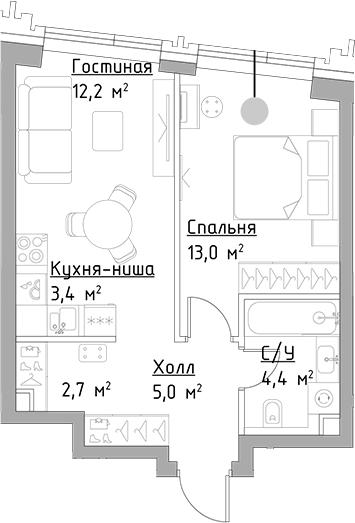 Планировка — Павелецкая Сити, 2-комн., 41 м²