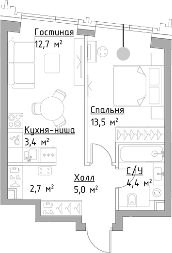 Планировка — Павелецкая Сити, 2-комн., 42 м²