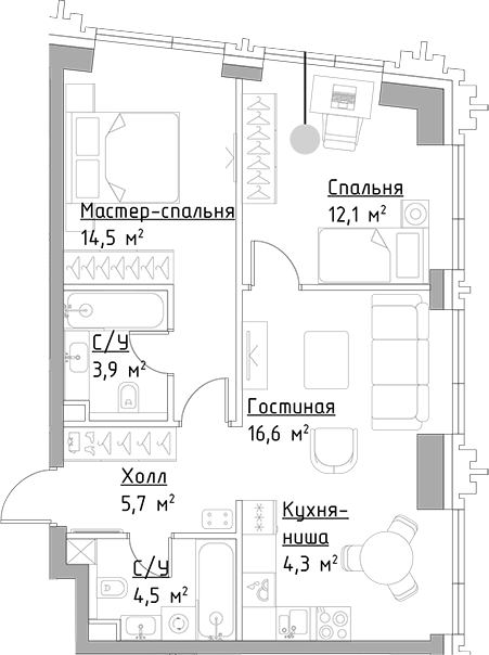 Планировка — Павелецкая Сити, 3-комн., 62 м²