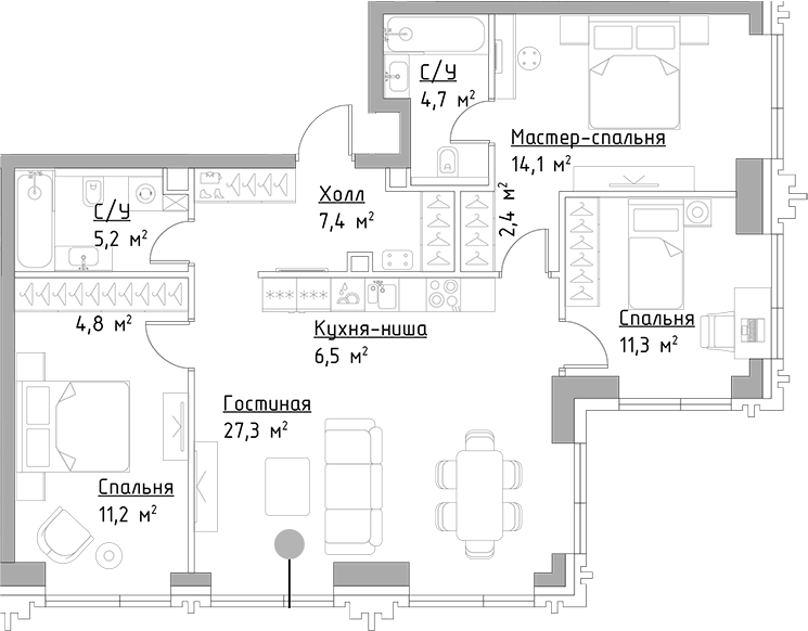 Планировка — Павелецкая Сити, 4-комн., 95 м²
