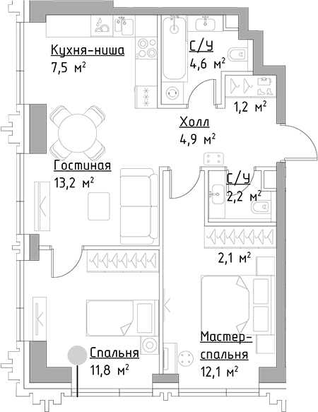 Планировка — Павелецкая Сити, 3-комн., 60 м²